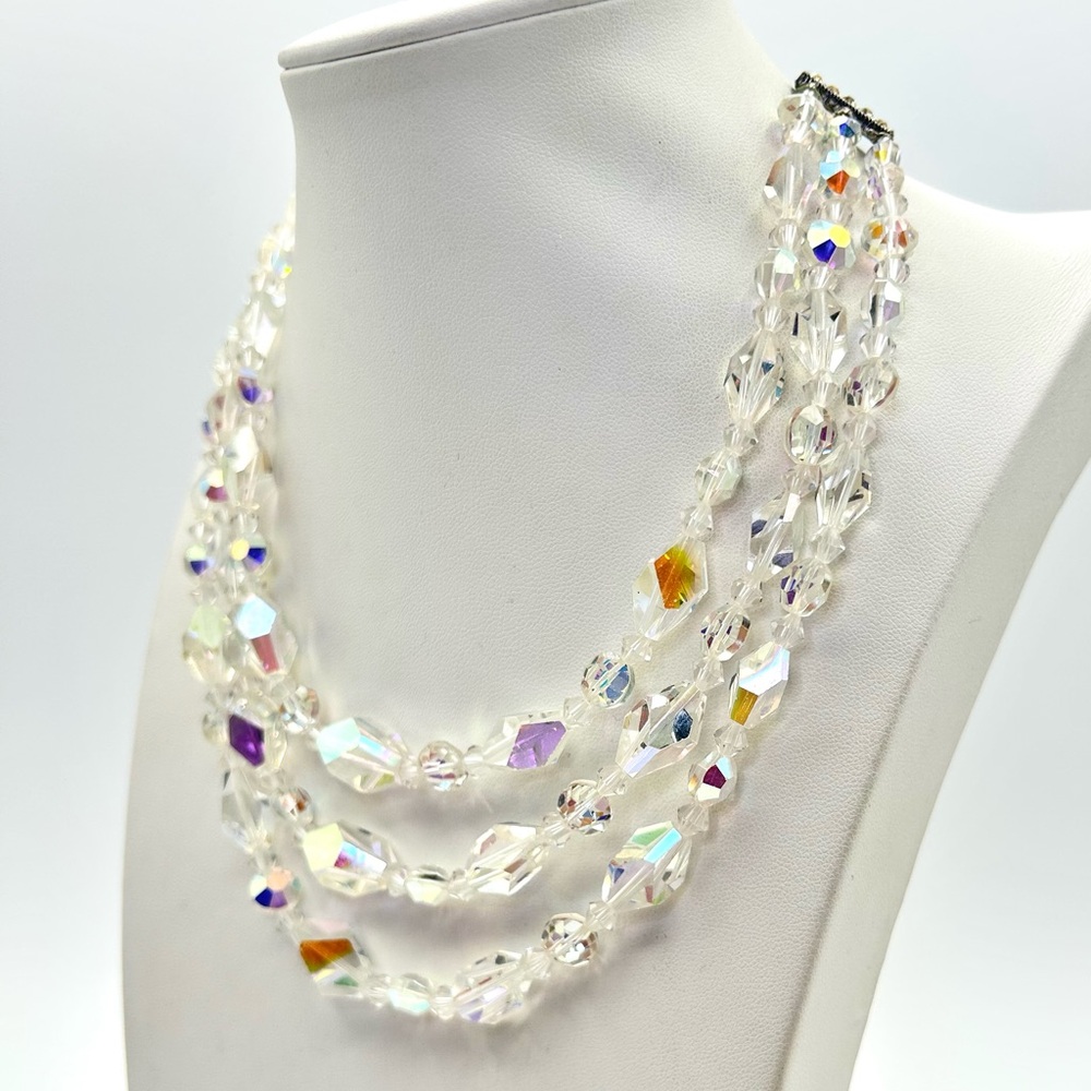 SOLD.  Elegant Vintage Triple Strand Glass Necklace - Picture 2 of 3